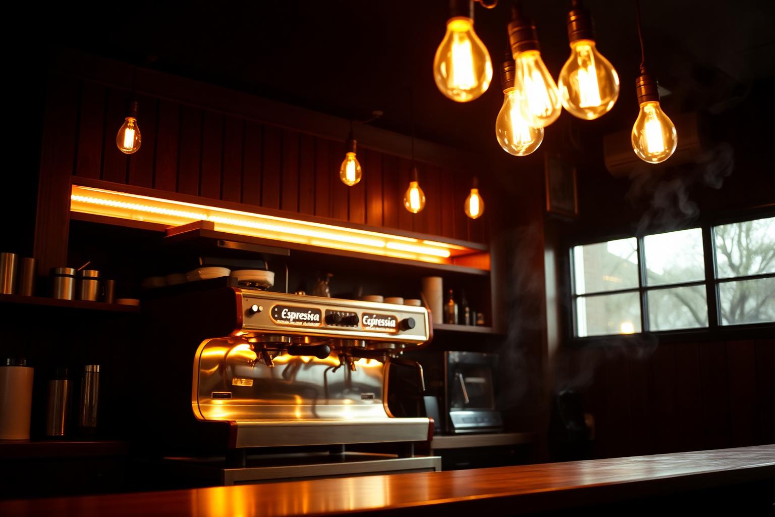 Warmly lit espresso bar with hanging Edison bulbs