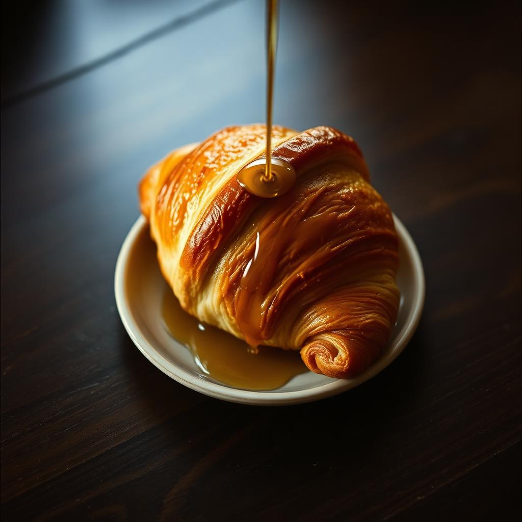 Golden flaky croissant drizzled with wildflower honey
