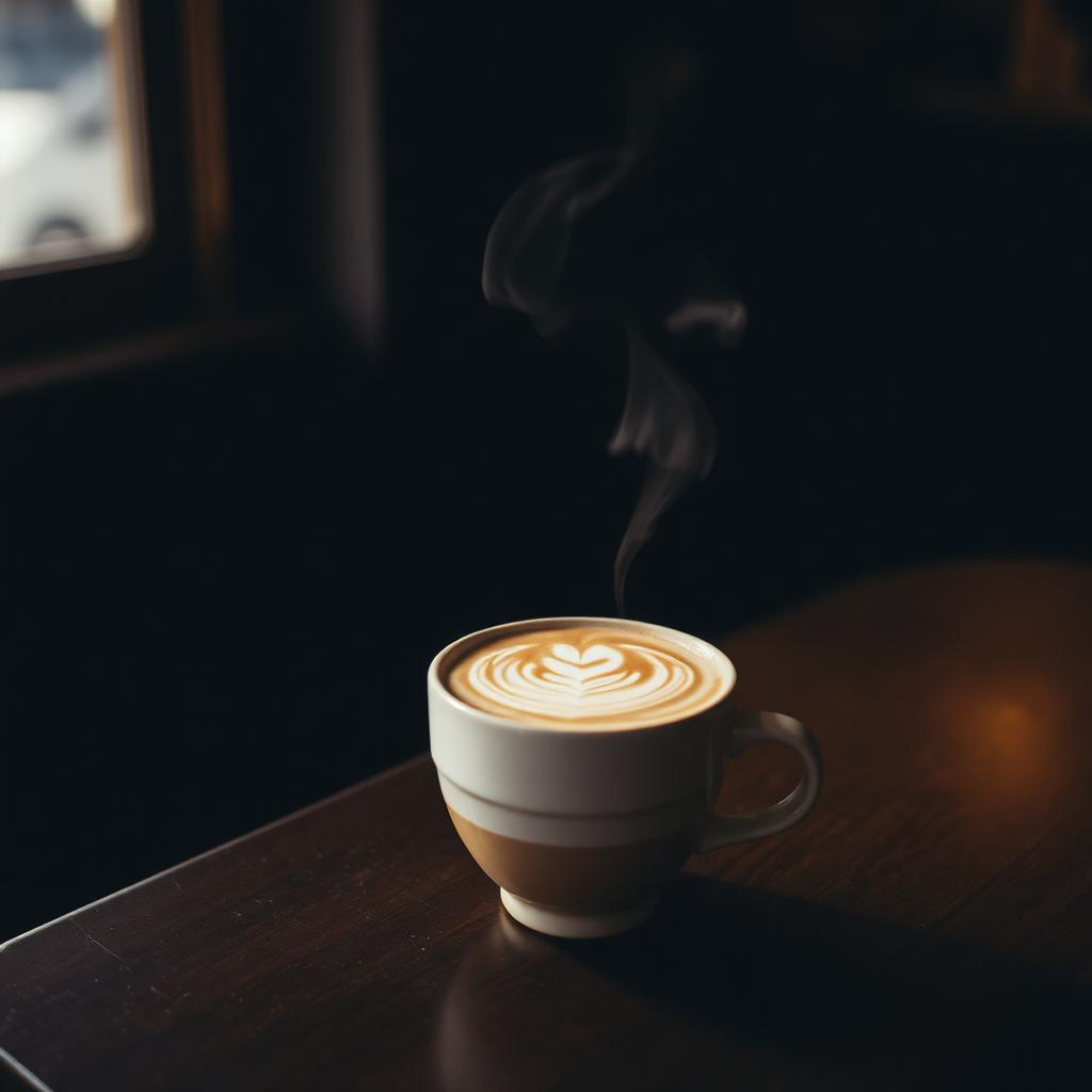 Steaming latte with delicate latte art on a dark wooden table
